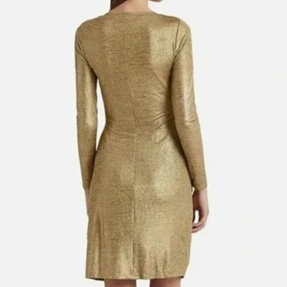 NWT Lauren Ralph Lauren Side Ruched Solid Foil Jersey Sheath Dress Sz. 8 Gold - Picture 6 of 12